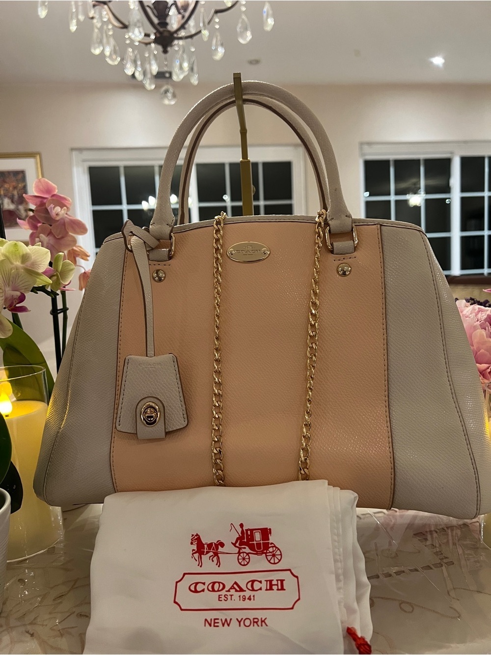 Coach Blush Peach Ivory Pebbled Leather Satchel Gold Chain Carryall Luxury